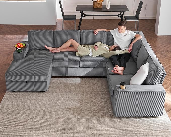 PaPaJet Oversized Sofa 112 inch U Shaped Sofa with USB Ports Sectional Couch with Storage Chaise Corduroy Grey