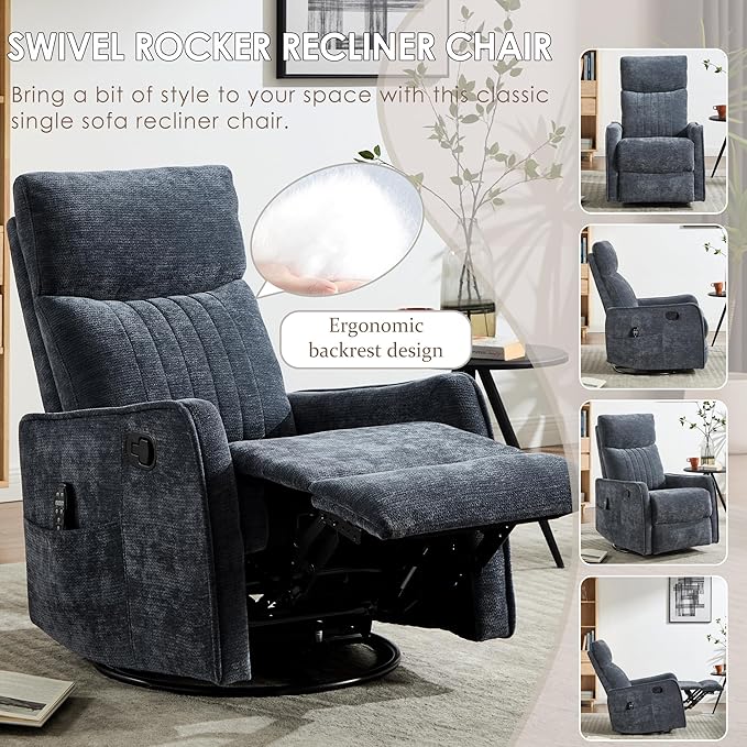 Small Swivel Rocker Recliner Chair for Nursery Heat &amp Massage Manual Upholstered 360° Fabric Glider Chair Small Recliners for Small Spaces Living Room (Blue)