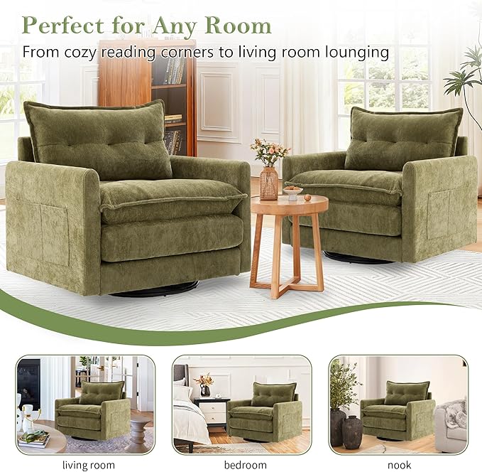 cinkehome Oversized Swivel Chair 36 Swivel Armchair Accent Chair for Living Room Mid Century Modern Thick Padded Arm Chairs Memory Foam Chenille Olive Green