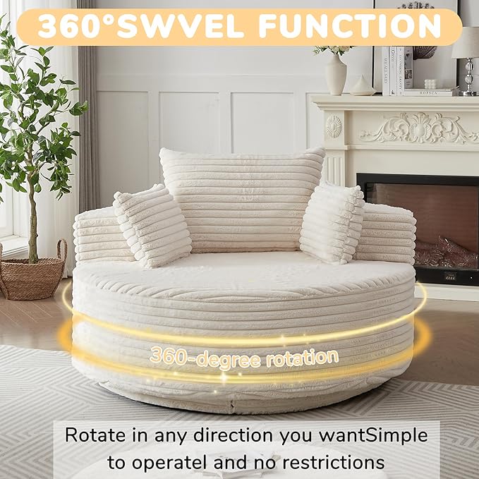 55''L Round Swivel Accent Chair Oversized Plush Corduroy Modern Swivel Barrel Chairs Upholstered Cozy Reading Chair for Living Room Bedroom Home Office (Corduroy Beige)