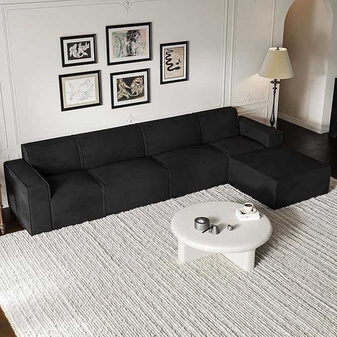Cozy Castle 142 Modular Sectional Sofa L Shaped Corduroy Boneless Couch with Deep Seat and Ottoman Chaise Cloud Sofa Upholstered Couches for Living Room Bedroom No Assembly Required (Black)