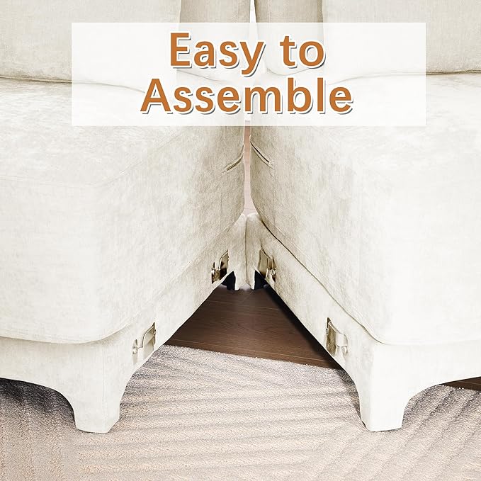 Modular Sectional Sofa Set Optional 2-4 Seater with Lumbar Pillows &amp 0-2 Ottomans Chenille Fabric Ergonomic Easy Assembly for Living Room/Bedroom/Reading Nook (3 Seat + 2 OttomanBeige)