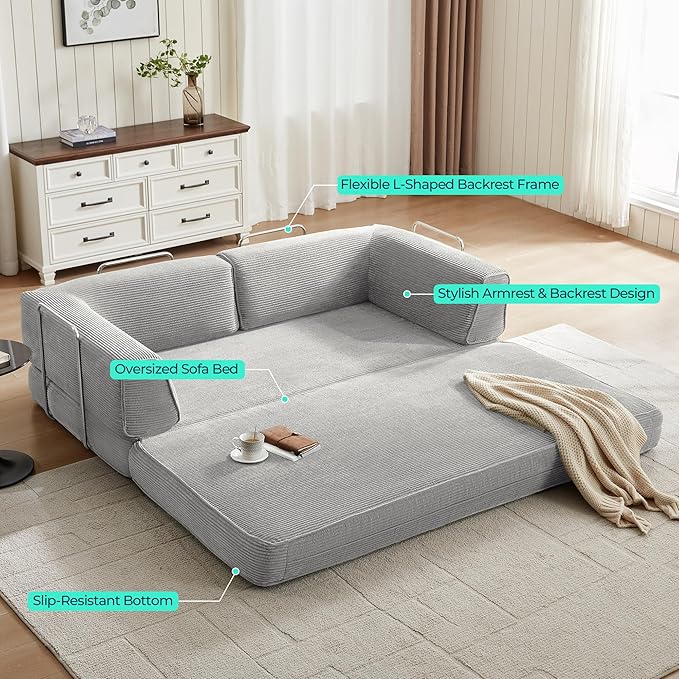 LINSY HOME 79'' Convertible Sofa Bed - Sleeper Sofa Compression Folding Loveseat Sleeper - Foldable Corduroy Couch Bed for Living Room Bedroom - Modular Sectional Compressed Sofa in Box Grey