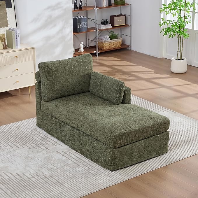 KEIKI 60 Chaise Lounge Chair Indoor Modern Deep Seat Sofa Bed Corduroy Couch with Cushions Single Sleeper Chair for Living Room Bedroom Apartments Green (Right Side)