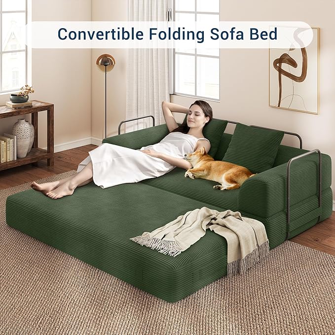 Cloud Boneless Convertible Floor Sofa Bed 70 4-in-1 Foldable Compressed Loveseat Lounge Sleeper 2 Seater Couches High-Density Sponge &amp Corduroy Fabric Futon Daybed for Living Room Bedroom(Green