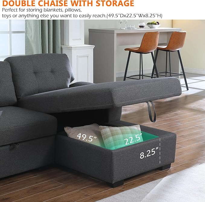 BEEY Sofa Bed 118 Oversized Sleeper Sectional Sofa with Storage Chaise U Shaped Sectional Couch with Pull Out Bed 6 Seater Pull Out Couch Bed for Living Room Bedroom (Dark Grey_4 Seater)