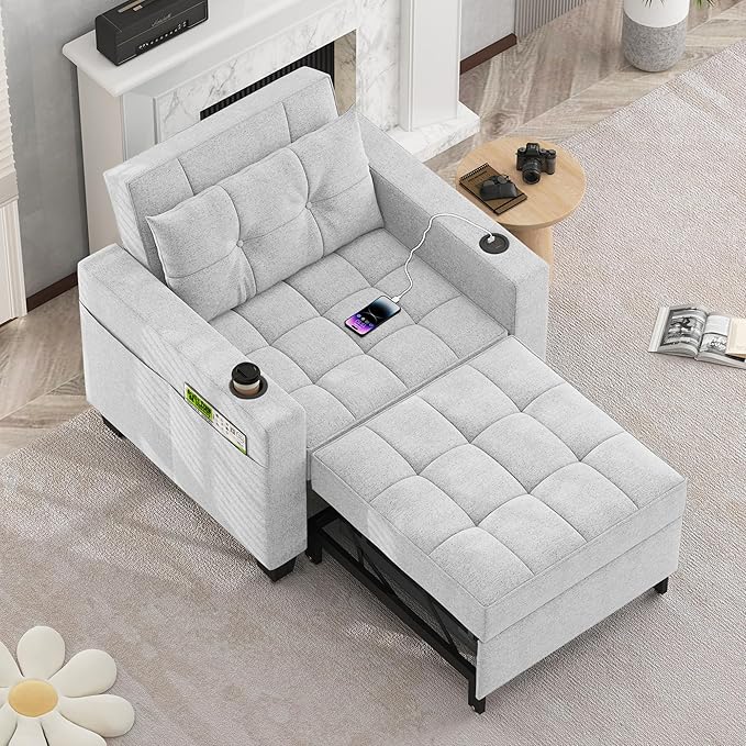 DURASPACE Pull Out Sofa Bed 3-in-1 Convertible Sofa Sleeper Chair Bed with USB Cup Holder Adjustable Armchair Beds for Small Spaces Apartment Living Room Office (Light Gray Linen)