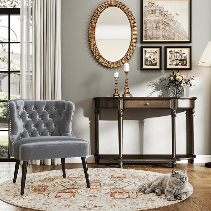 Armless Accent Chair Upholstered Velvet Button Tufted Living Room Chair with Wingback &amp Wood Legs Modern Comfy Slipper Chair for Apartment Waiting Room Bedroom Office Grey