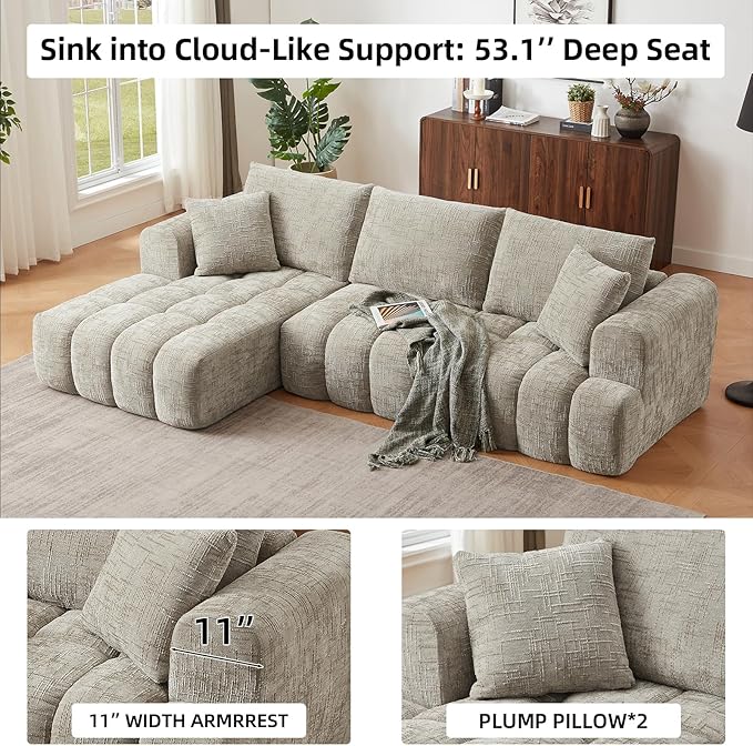 110 Inch Cloud Sectional CouchModern Upholstered Sofa with Deep SeatChenille Boneless Couches with L-Shape ChaiseSponge Compressed Couches for Living Room (Khaki Left Facing Chaise)