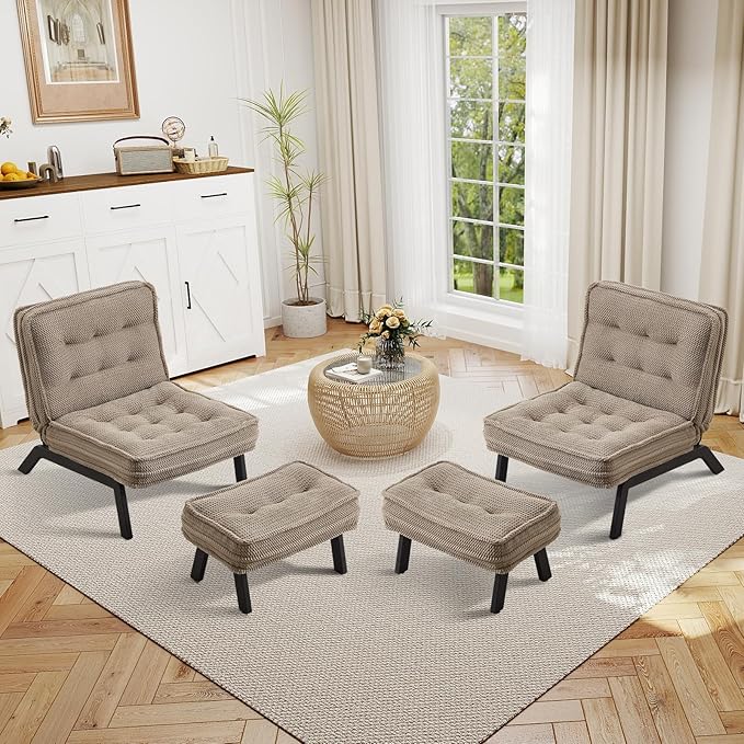 ANJ Accent Chair Set of 2 with Ottoman Adjustable Backrest Khaki Tufted Upholstered Lounge Chairs with Footrest Modern Cozy Reclining Chair Set for Living Room Bedroom Apartmen