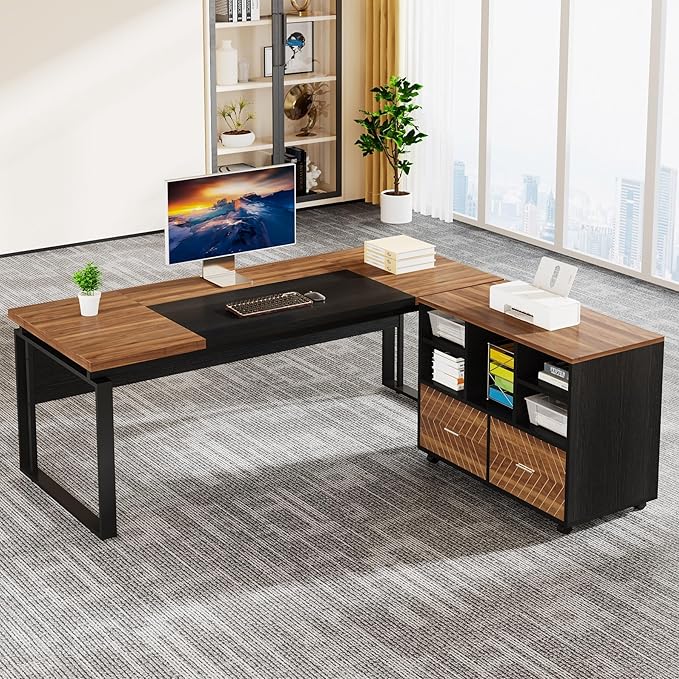 LITTLE TREE 63 L-Shaped Executive Office Desk with File Cabinet Combo Large Modern Office Desk for Home Office Reversible 2-Drawer Wood File Cabinet for A4/Letter Size Files(Brown &amp Black)