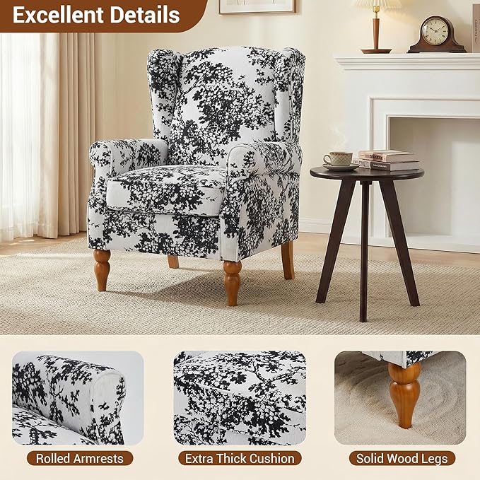 High Back Wingback Accent Chair Modern Upholstered Armchair Comfy Reading Chair with Solid Wood Legs for Living Room Bedroom Library Floral