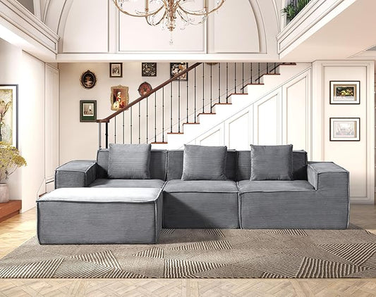 Rowan Convertible Corduroy Sectional Couch with Ottoman &amp Pillows Modular L Shaped Sleeper Sofa Boneless Cloud Couch for Living Room Furniture Dark Grey