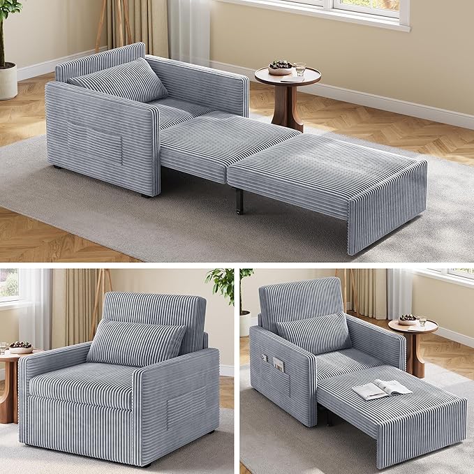Ahomly 3 in 1 Convertible Sleeper Chair Corduroy Single Sleeper Sofa Bed for Adults 75.2 Long Pull Out Chair Bed with Side Pockets for Living Room Small Place Gray