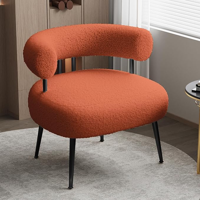Mid Century Sherpa Boucle Accent Chair Round Upholstered Barrel Arm Chair for Small Spaces Fluffy Side Corner Sofa Chair for Living Room Bedroom Vanity Office Reading Nook（Orange）