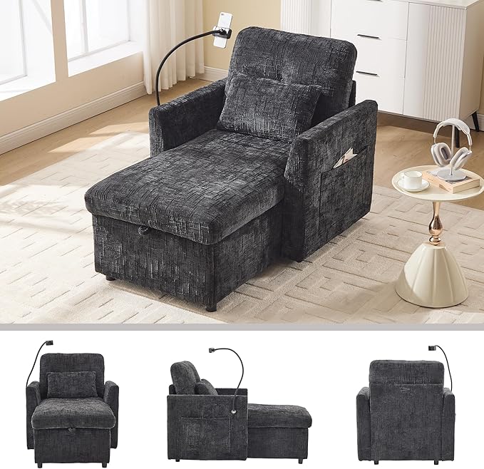 32 Comfy Chaise Lounge Sofa Bed Chair with Storage Side Pockets Phone Holder &amp 2 Pillows Modern Chenille Upholstered Sleeper Sofa Leisure Chair for Living Room Bedroom Small Spaces (Black)