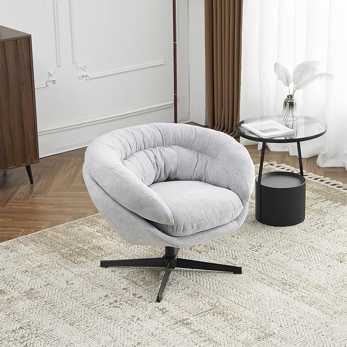 Christopher Knight Home 360° Swivel Club ChairChenille Upholstered Accent Chair with Removable Cushion Round Office Chair with Black Metal BaseGray