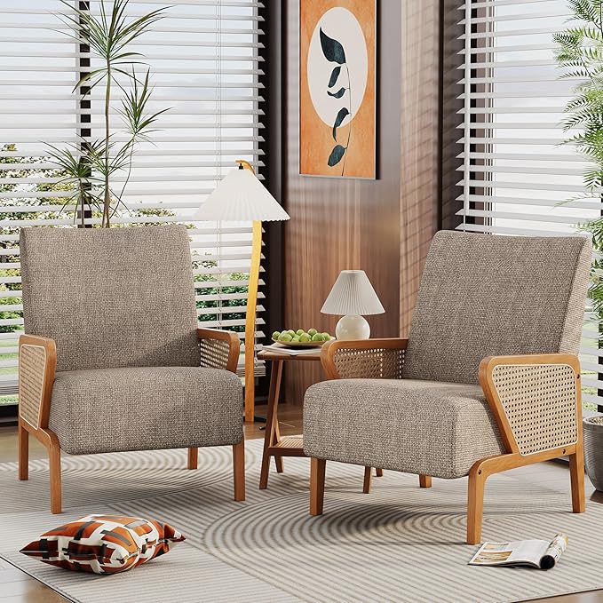 Alunaune Upholstered Natural Rattan Living Room Chairs Accent Chair Armchair Set of 2 Modern Fabric Slipper Club Chair Guest Reception Couch Comfy Single Sofa for Reading Bedroom-Taupe