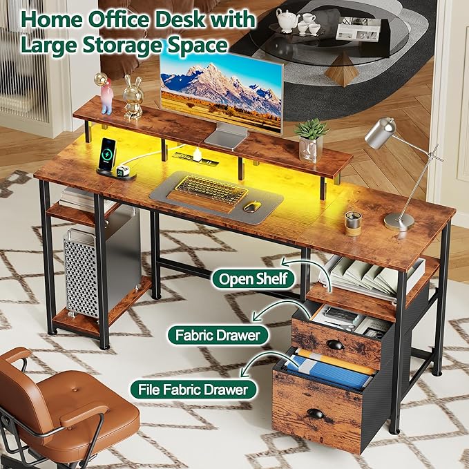 Furologee 61 Computer Desk with Power Outlet &amp LED Lights Reversible Gaming Desk with File Cabinet &amp Monitor Stand for Home Office Writing Study Table with Storage Shelves and Drawer Rusti