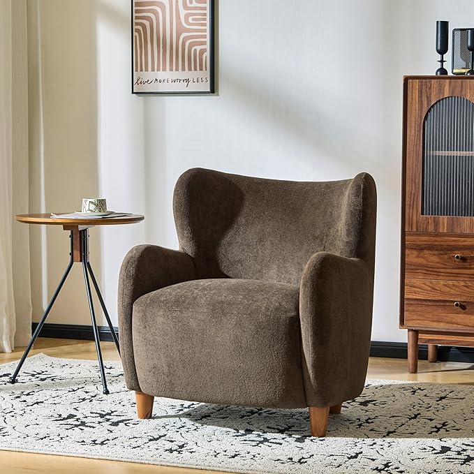 Christopher Knight Home Auden Wingback Accent Chair Fabric Club Chair Velvet Upholstered Armchair Curved Backrest Single Sofa Soft Cushion Seating Reading Lounge Chair for Living Room Brown