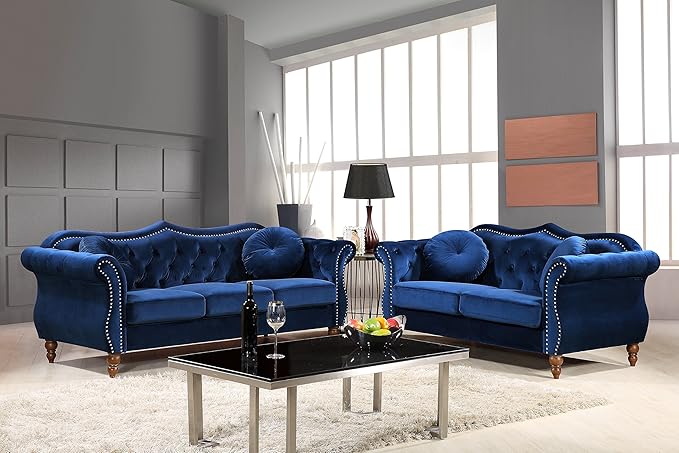 Anna1 Chesterfield Velvet Couches for Living Room Button Tufted Luxury Upholstery with Rolled Arms High-Density Foam Durable Wood Frame 65.5 Loveseat Blue De France