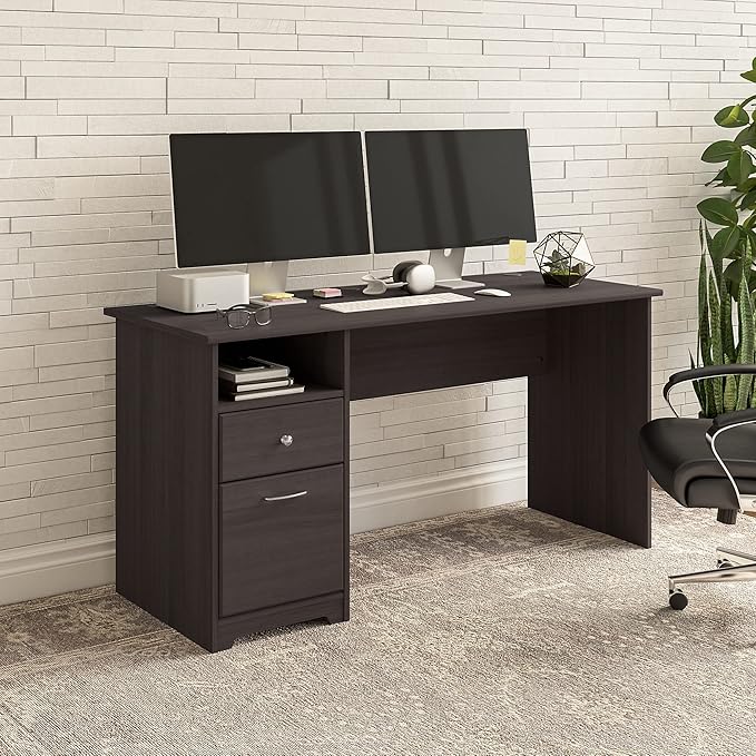 Bush Furniture Cabot 60W Office Desks for Home Office with Storage and Chrome Hardware Elegant Computer Table with Drawers Heather Gray