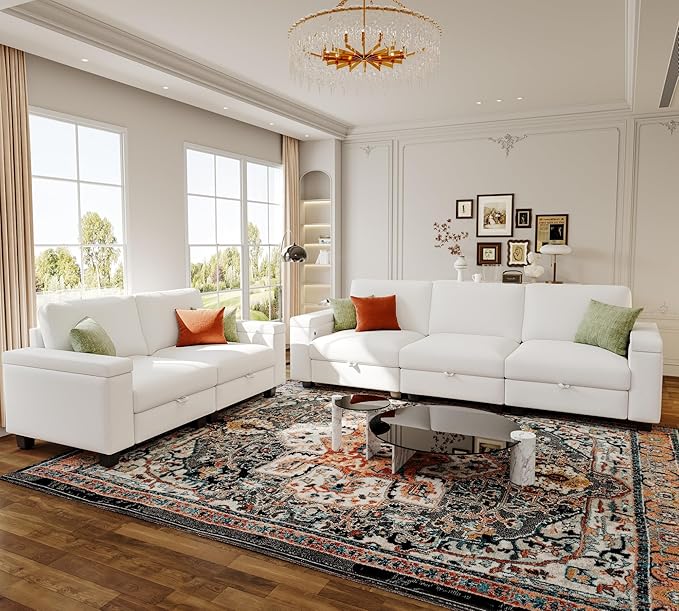 Youmumeub Sectional Sofa Couch for Living Room - 104''Modern 3 Seat Large Convertible Modular Couches-High Grade Chenille Fabric-Removable Sofa Cover-Comfortable and Sturdy Easy to AssembleWhite