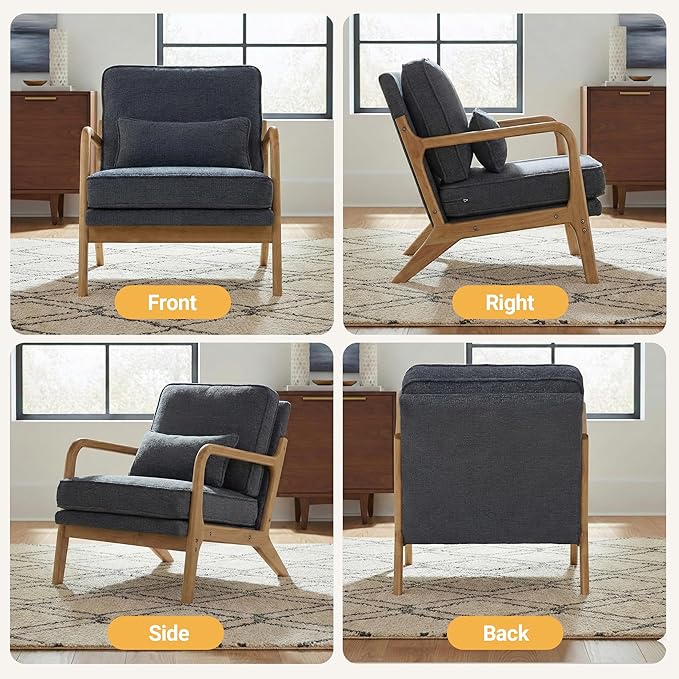 Modern Accent Chair Mid Century Wooden Upholstered Armchair with Lumbar Pillow &amp Removable Soft Cushion Reading Chair for Living Room Bedroom BalconyCoffee(Beige/Blue/Green/Grey)