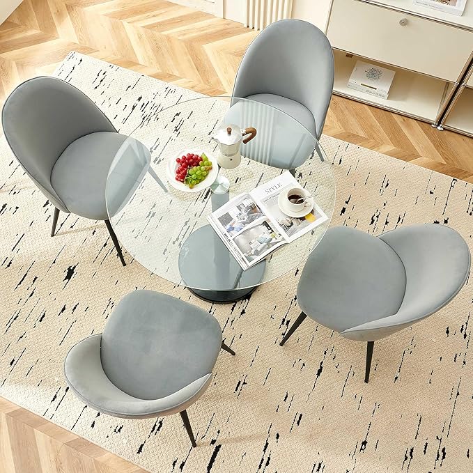 Modern Circle Dining Table Set for 4 35.43-Inch Kitchen Coffee Table Set with 4 Seated Dining Chairs Upholstered Velvet Reception Room Chairs Tulip Glass Table Set Metal and Marble Base