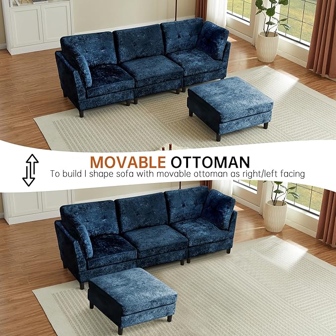 99 Sectional Couch for Living Room Oversized 3-Seater L Shape Sofa with Deap Wide Seat Movable Ottoman Polyester Fabric Blue