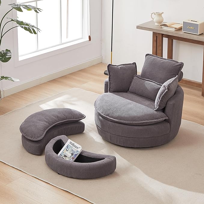 Modern Swivel Chair 38 W Oversized Swivel Chair with Moon Storage Ottoman Accent Round Loveseat Circle Swivel Barrel Chairs with 4 Pillows Cuddle Sofa Chair Lounger Armchair (Grey * 99)