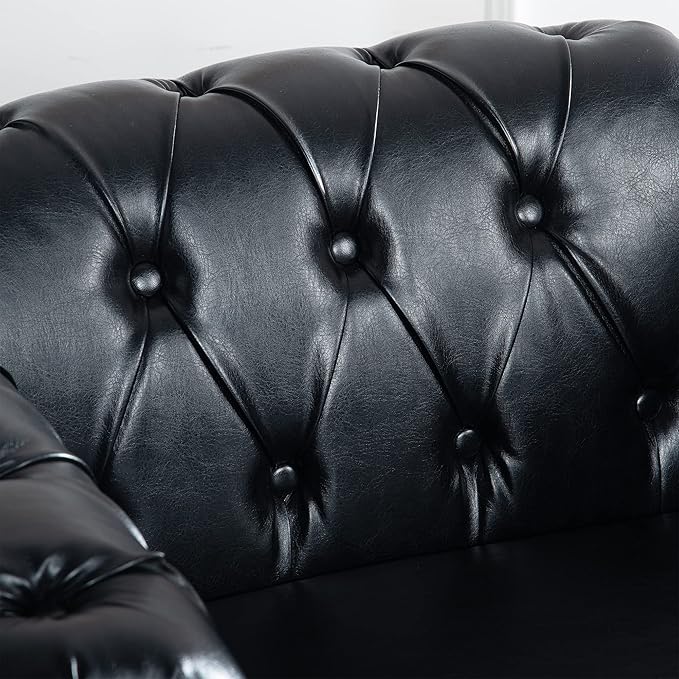 39 Chesterfield Fabric Single Sofa FurnitureUpholstered Sofa with Tufted BackRoll Arm Classic Chesterfield Settee Couches for Living RoomOffice (Black + PU)
