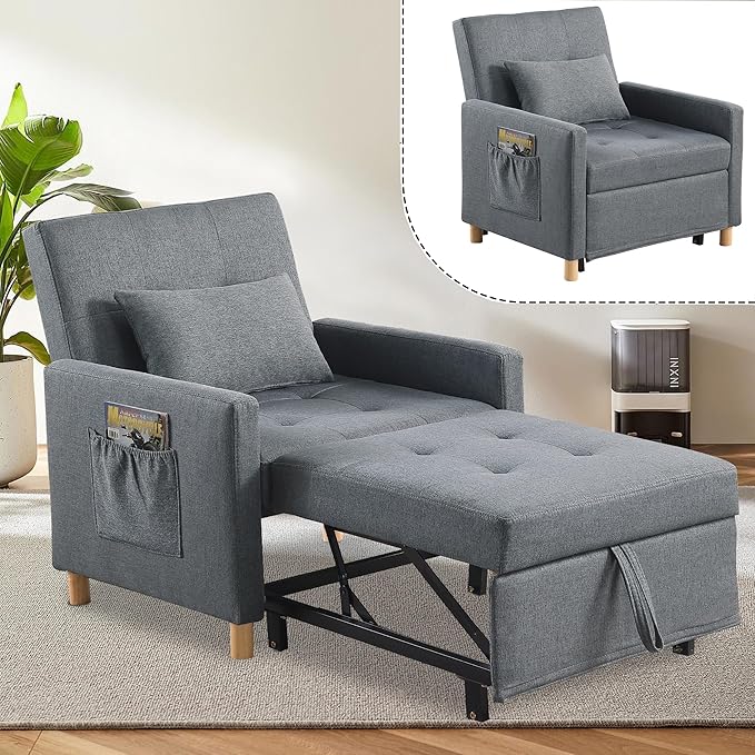 Sleeper Sofa Chair Bed 3-in-1 Single Convertible ChairMulti-Functional Sleeper Chair with Soft Fabric for Living Room Dorm Apartment Bedroom or Office (Drak Grey)
