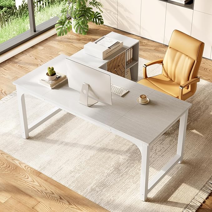 Little Tree 63-Inch L-Shaped Office Desk Wooden Office Desk with Drawers Large Home Office with Storage Shelf Corner Computer Desk for Home Office Bedroom White
