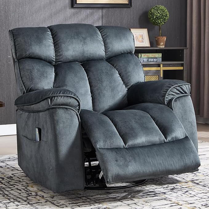 INZOY Oversized Rocker Recliner with Heat and Vibration Manual Swivel Rocking Recliner Chair with Vibrating Massage Comfy Padded Overstuffed Soft Fabric Heated Recliner Grey