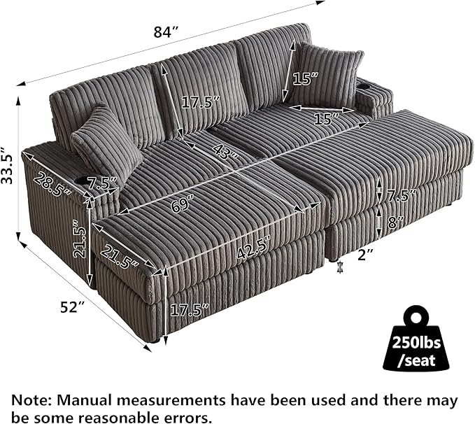 Aoowow 84 Corduroy Oversized 3-Seater Sofa with 2 Ottomans Modular Sectional Deep Seat Sofa with Back and Toss Pillows Modern Comfy Sofa with 2 Storage Spaces and Cup Grooves for Living Room Grey