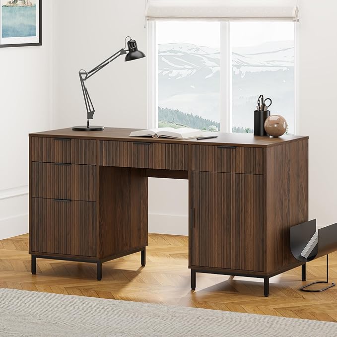 55 Large Fluted Executive Desk with Charging Station Computer Desk with Storage Cabinet and File Drawer Modern Wooden Home Office Desk for Workspace Writing Study Brown