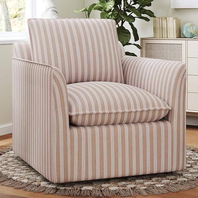 INZOY Swivel Accent Square Chair with Thick Padded Backrest Cushion Swivel Reading Chair for Living Room Bedroom Small Spaces Brown Stripe