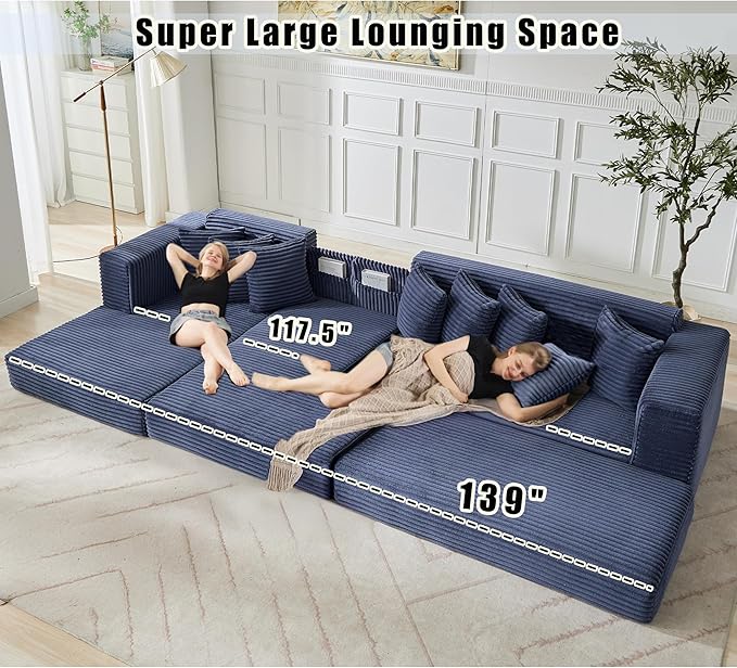 110 L-Shaped Sectional Couch with Chaise Lounge Plush Corduroy Oversized Convertible Floor Sofa Couch with 8 Pillows Modern Deep Seat Boneless Couches for Living Room (Blue 110 + Left Chaise)