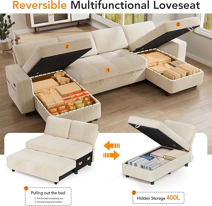 Vipbear Sectional Sleeper Couch with Pull Out Sofa Bed U Shaped Plush Corduroy Couch with Reclining Backrest &amp 2 Storages &amp USB Charging Convertible Cloud Sectional Sofa Bed for Living Room