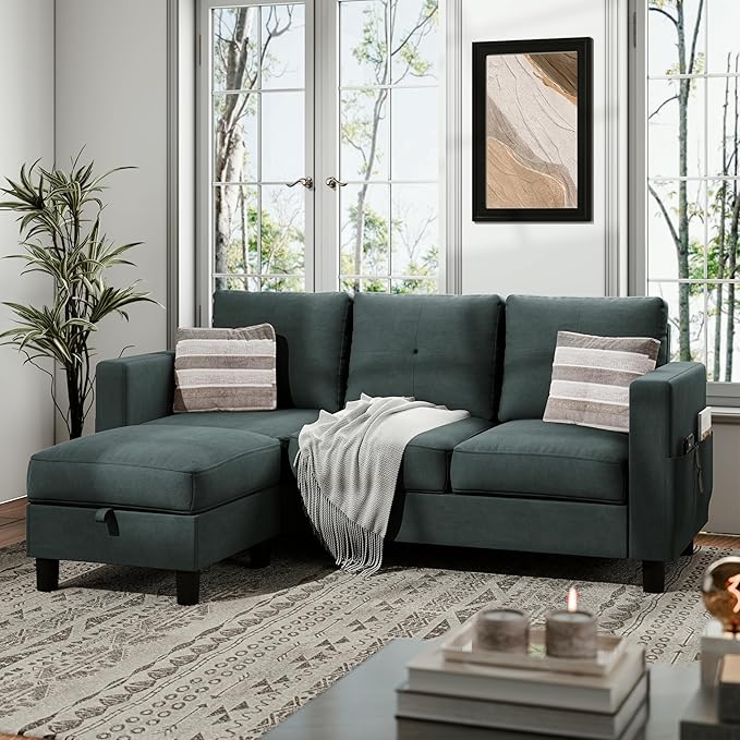 JAMFLY Convertible L-Shaped Sectional Sofa with Reversible Storage Ottoman 3-Seat Modern Fabric Couch for Living Room Small Space Apartment Sofa with Side Pockets &amp Firm Cushions Grey Linen