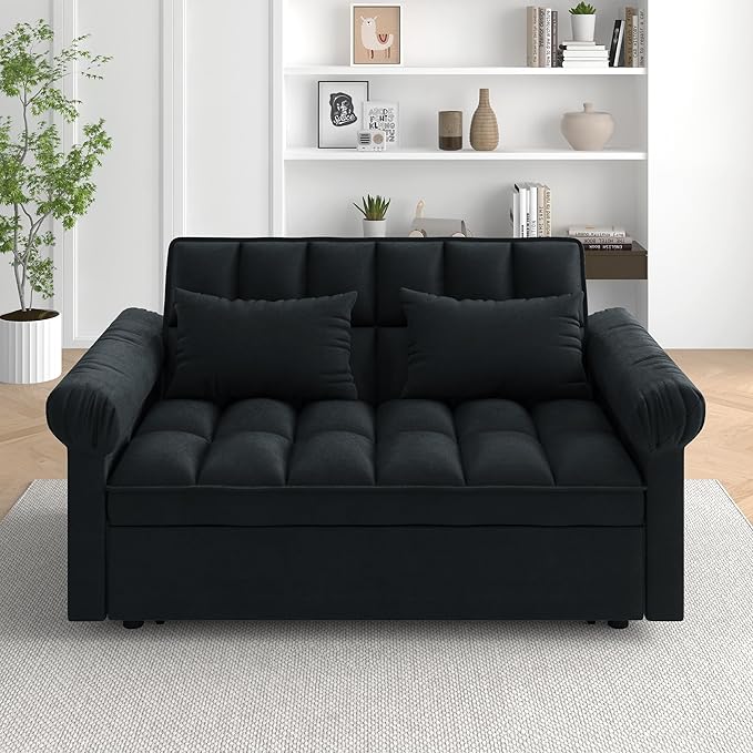 Modern Loveseat Sleeper Sofa with Pull-Out Bed &amp Adjustable Backrest Convertible Sofa Bed with Strong Wood Frame for Small Space Living Room Guest Room Easy Assembly (Black85)