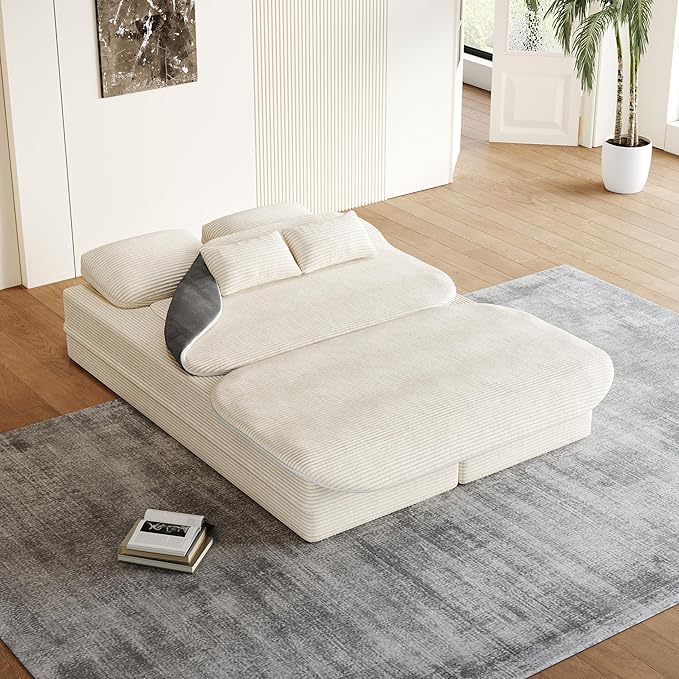 Convertible Folding Futon Sofa Bed 2-in-1 Corduroy Love seat Sleeper Sofa with Functional Blanket Foldable Full Size Guest Couch Bed with 4 Soft Pillows for Living Room (Beige)