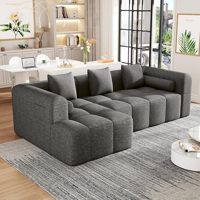 101.2 Sectional Sofa Full-Compressed Sofa Modular Sofa Couch Free-Combined with Deep Seating and Two Side Pockets for Living Room (Grey@90)