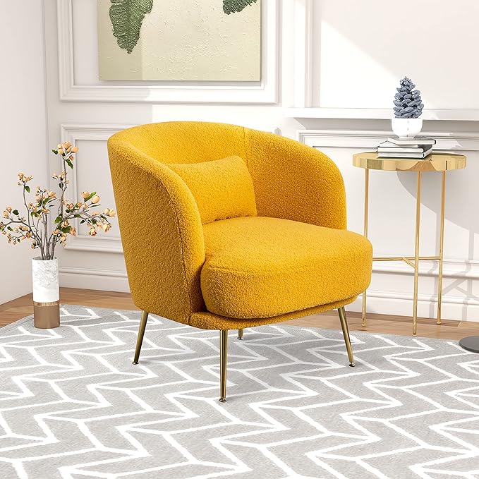 Generic 30.32 W Accent Chair Upholstered Curved Backrest Reading Chair Single Sofa Leisure Club Chair with Golden Adjustable Legs for Living Room Bedroom Dorm RoomMustard Boucle