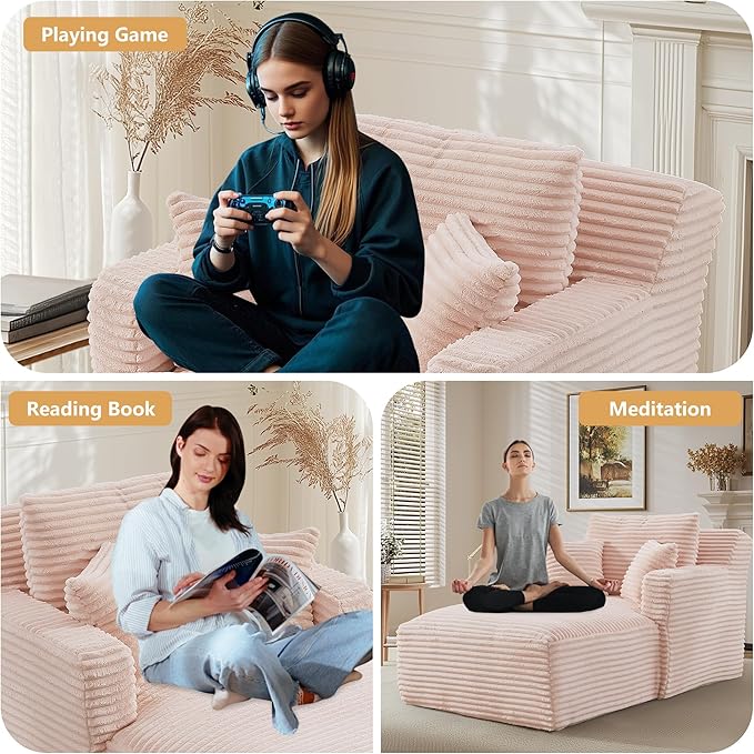 Oversized Chaise Lounge Chair Indoor Modern Corduroy Lounge Couch Comfy Upholstered Sleeper Sofa with Throw Pillows Fluffy Reading Chair Bed for Living Room Pink