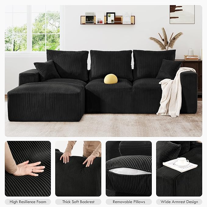 108 Modular Cloud Sectional Sofa 17.8 Comfort Height &amp Neck Pillow Modern Corduroy Couch with L-Shape Oversized Chaise for Living Room Bedroom No Assembly Required (Black)
