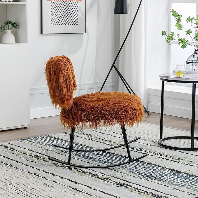 Faux Fur Rocking Chair Modern Comfy Faux Fur Accent Nursery Chair Baby Nursing Chair Accent Rocking Chair for Bedroom Living Room Home StudioNursery Room Lounge Caramel