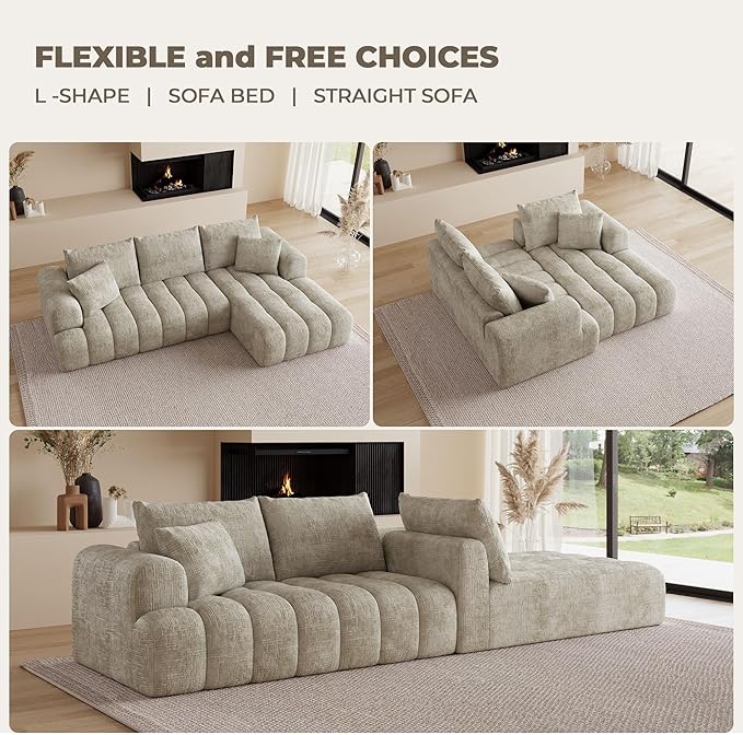 108 Cloud Sectional Couches for Living Room Boneless L-Shaped Sofa with Pillow 3 Seater Modular Sectional Sofa (Khaki)