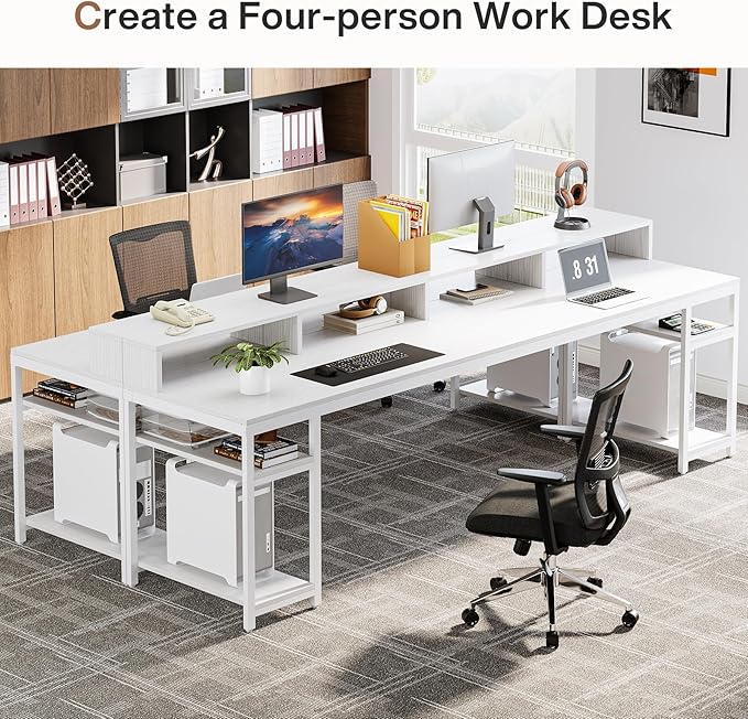 Tribesigns 78.74 Inches Extra Long Two-Person Desk Double Computer Desk with Monitor Stand and Storage Shelves Study Work Table for Home Office (White)